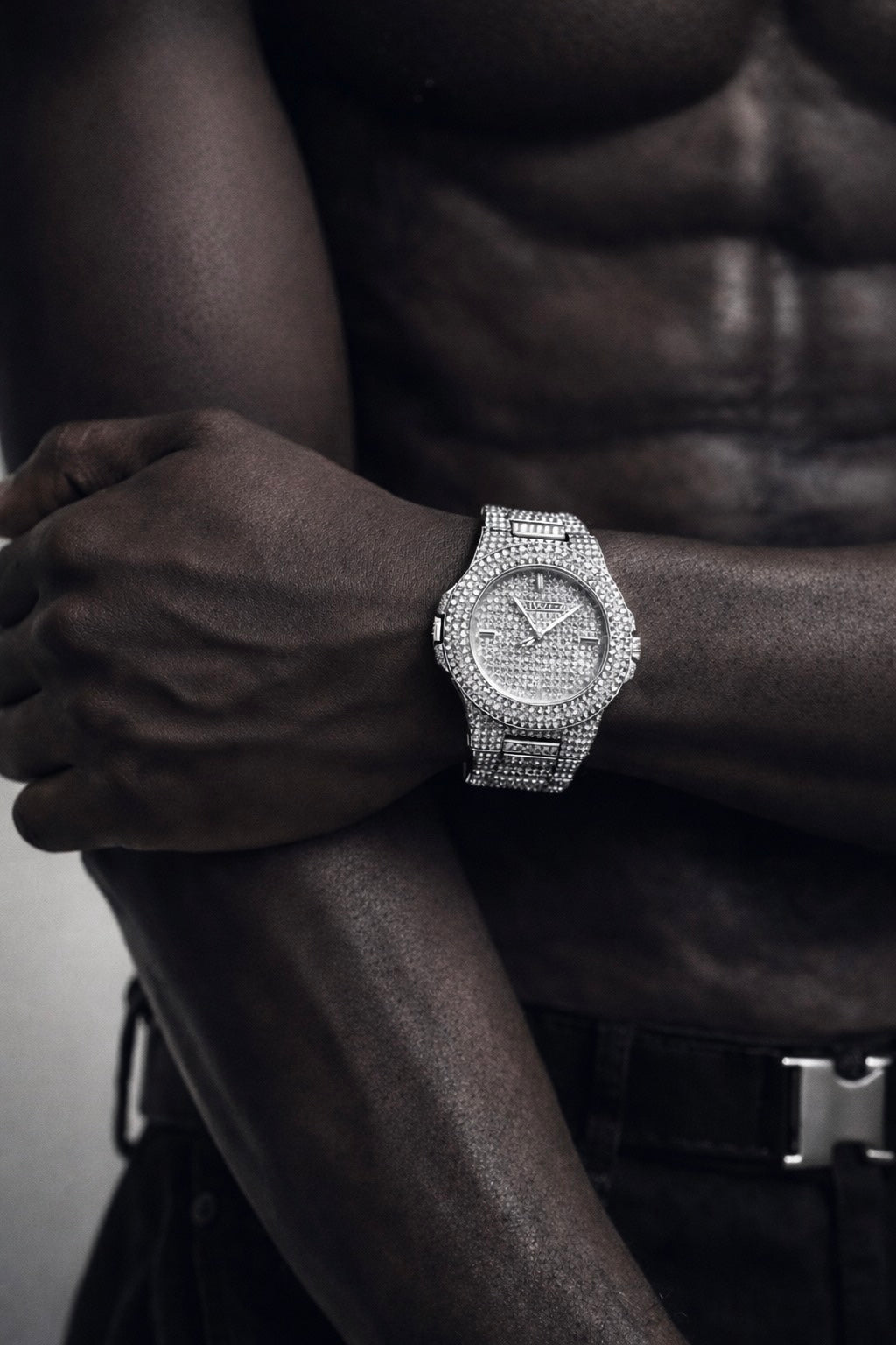 SILVER ICED OUT WATCH